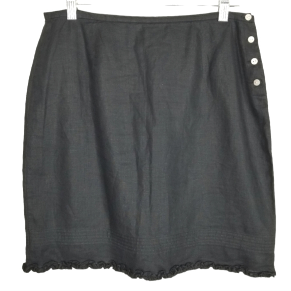 Gap Factory Store 100% Linen Mini Skirt Black Pintuck Ruffle Hem Button Size 10